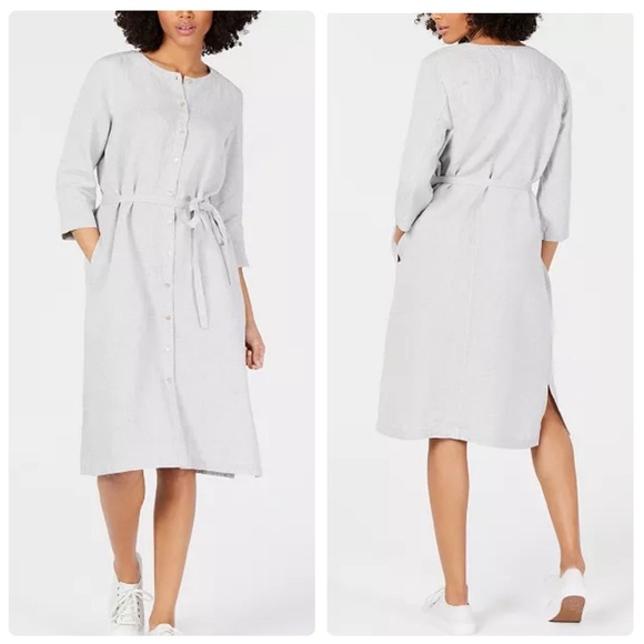 NWT Eileen‎ Fisher Organic Linen Belted Shirtdress in Pearl Size Large - Picture 1 of 10